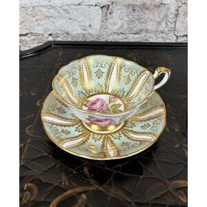 Vintage Paragon Fine Bone China Pink Rose & Green Tea Cup and Saucer England